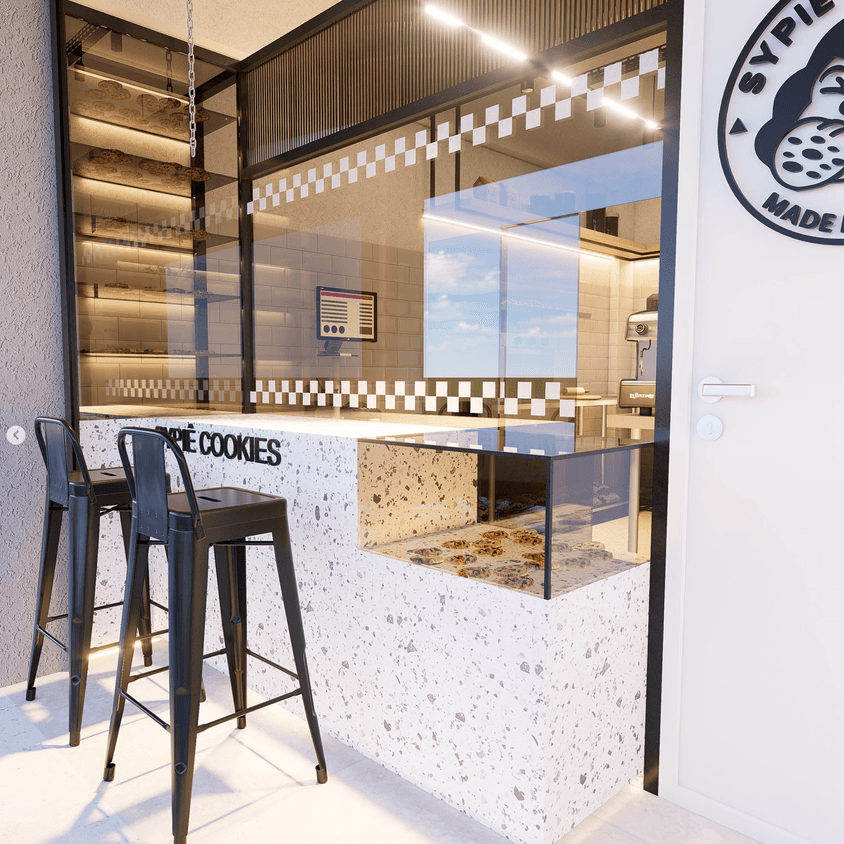 Balcão e vitrine da loja com cookies em exposição