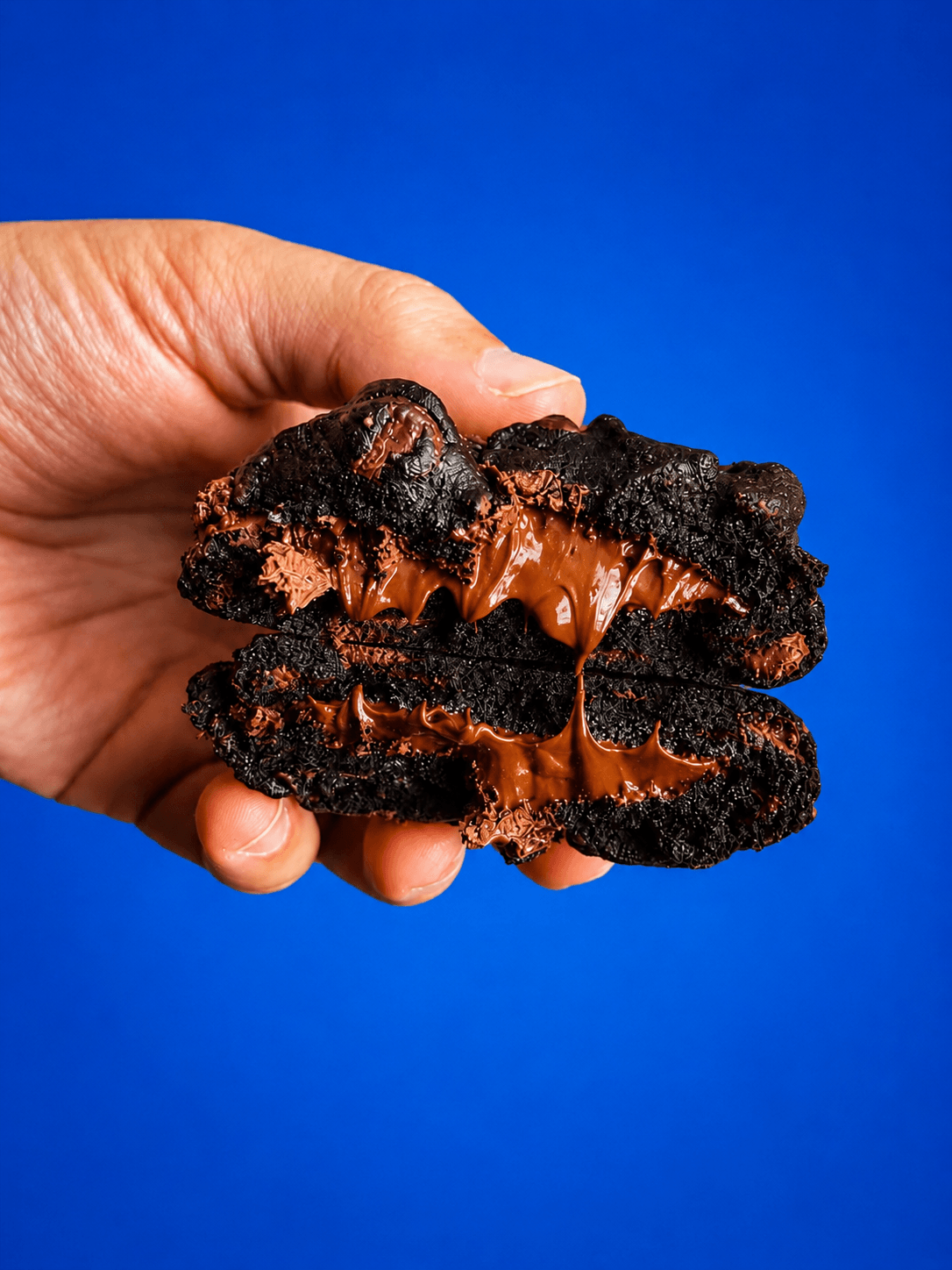Cookie de chocolate da Sypiê partido ao meio, com o recheio derretendo, sobre fundo azul vibrante